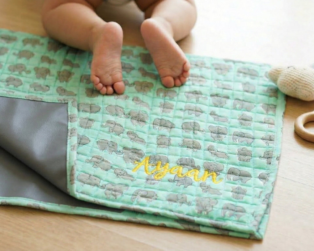 Personalized Roll Up Diaper Changing Mat - Green Elephants Block Print