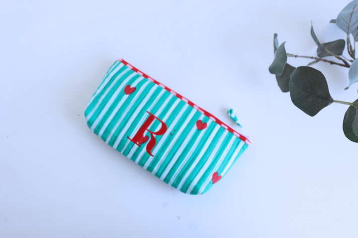 Block print quilted pencil pouch with embroidered initials
