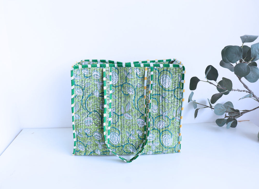 Green floral block print quilted medium tote bag for women handmade
