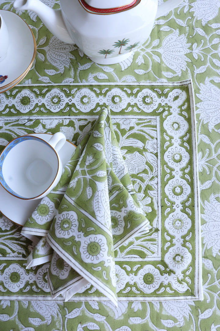 Citrus Grove green floral block print cotton dinner napkins set of 6
