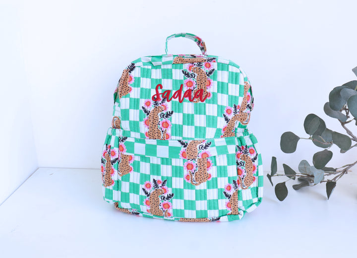 Personalised pink cheetah print quilted kids backpack with custom name
