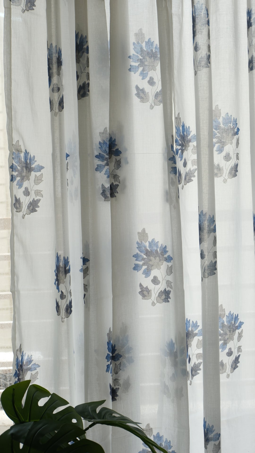 Indigo boota block print sheer curtain in grey and blue mulmul cotton
