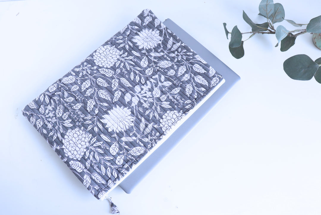 Grey floral block print quilted laptop sleeve, fits 13 to 15 inch laptops, handmade by Kari by Kriti
