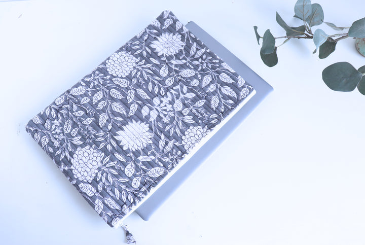 Grey floral block print quilted laptop sleeve, fits 13 to 15 inch laptops, handmade by Kari by Kriti
