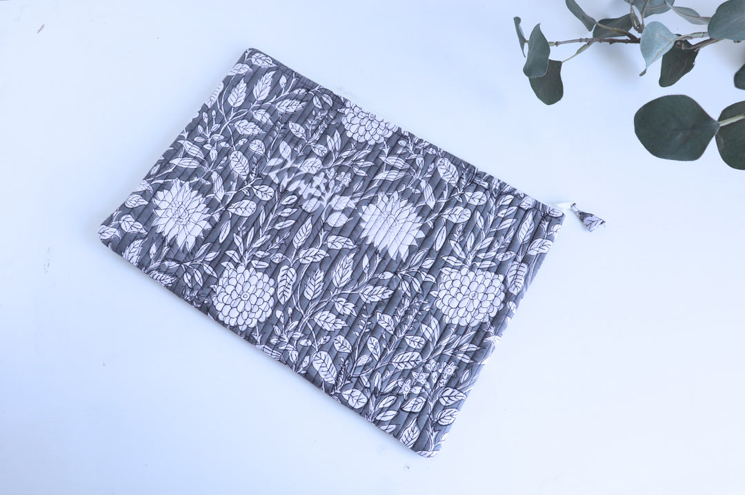 Grey floral block print quilted laptop sleeve, fits 13 to 15 inch laptops, handmade by Kari by Kriti
