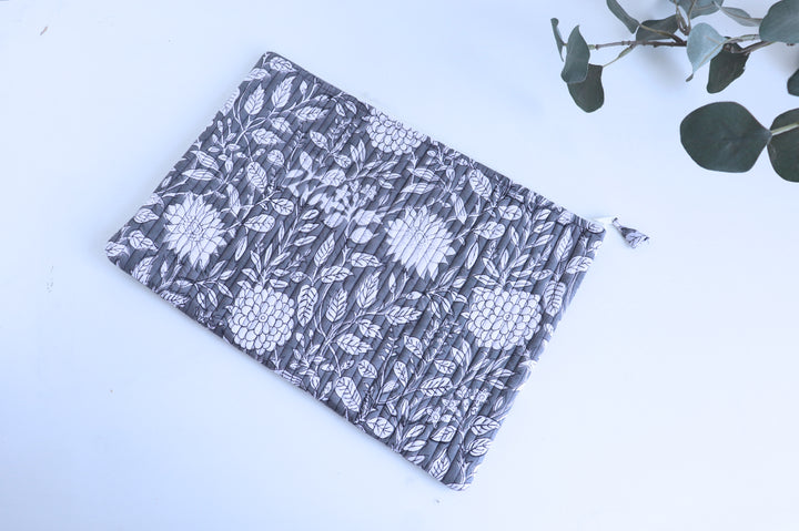 Grey floral block print quilted laptop sleeve, fits 13 to 15 inch laptops, handmade by Kari by Kriti
