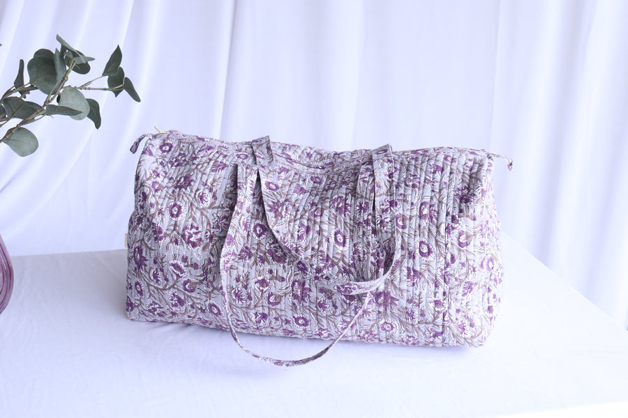 Grey block print quilted weekender overnight duffle bag handmade cotton

