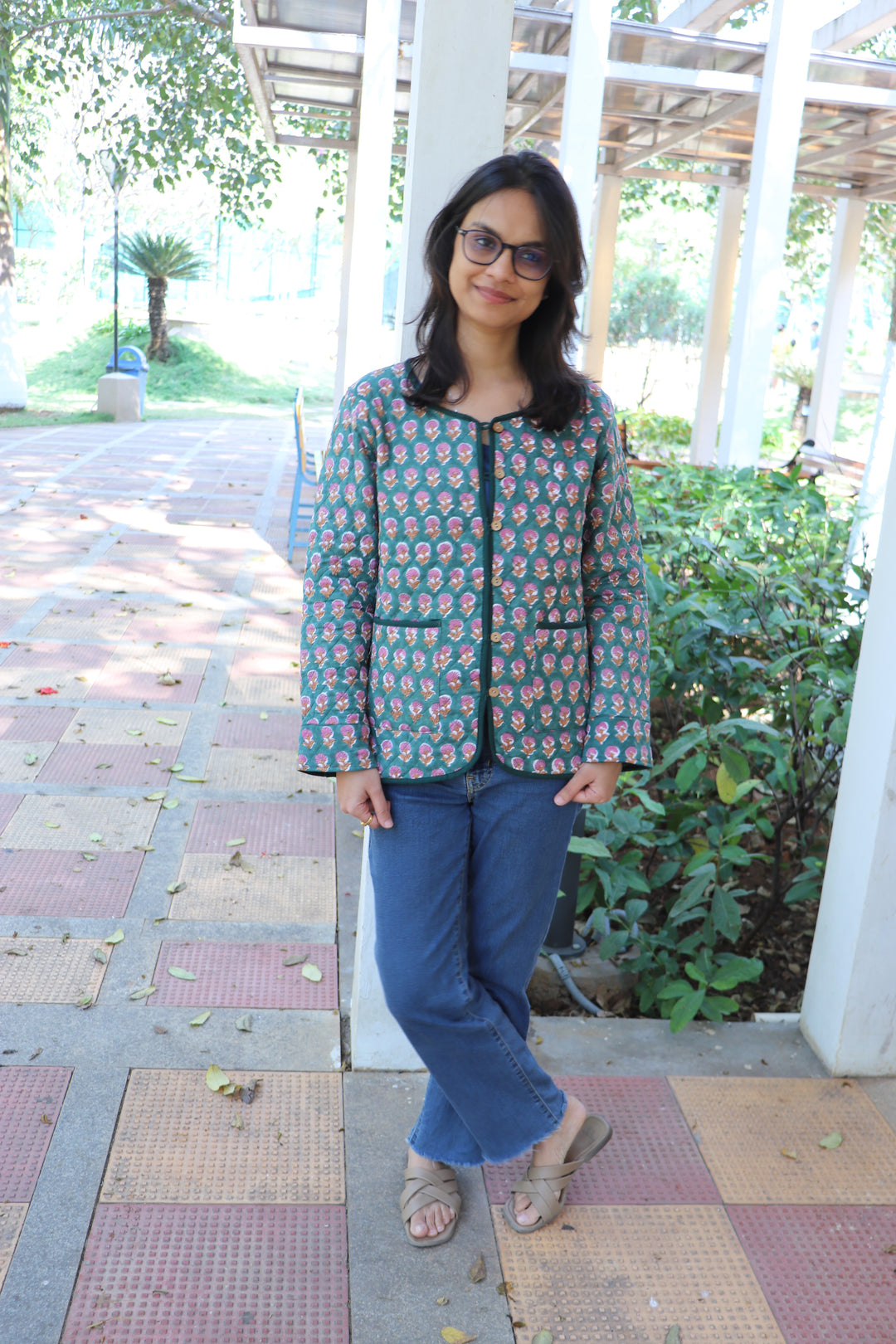 Green ditsy block print quilted cotton jacket for women handmade

