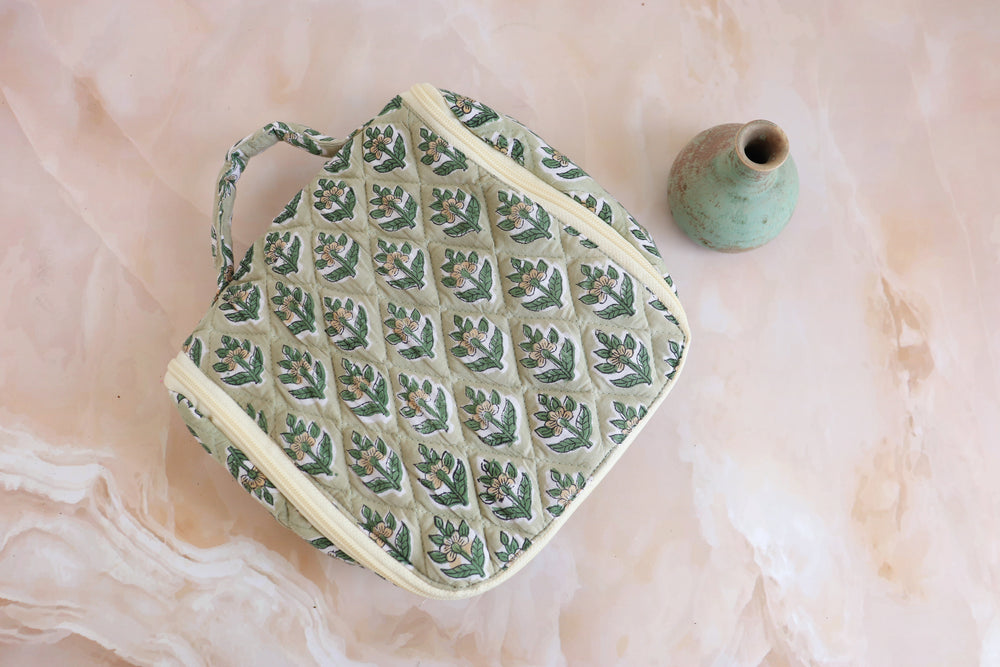 Personalized block print hanging travel bag with embroidered name
