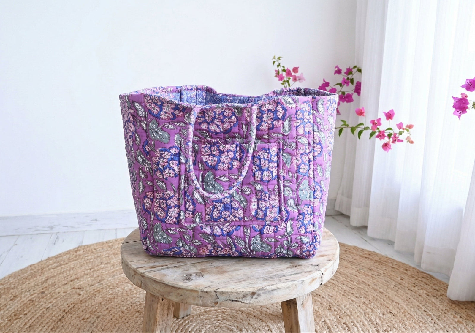 XL block print storage basket in purple hydrangea design, handcrafted cotton fabric basket by Kari by Kriti