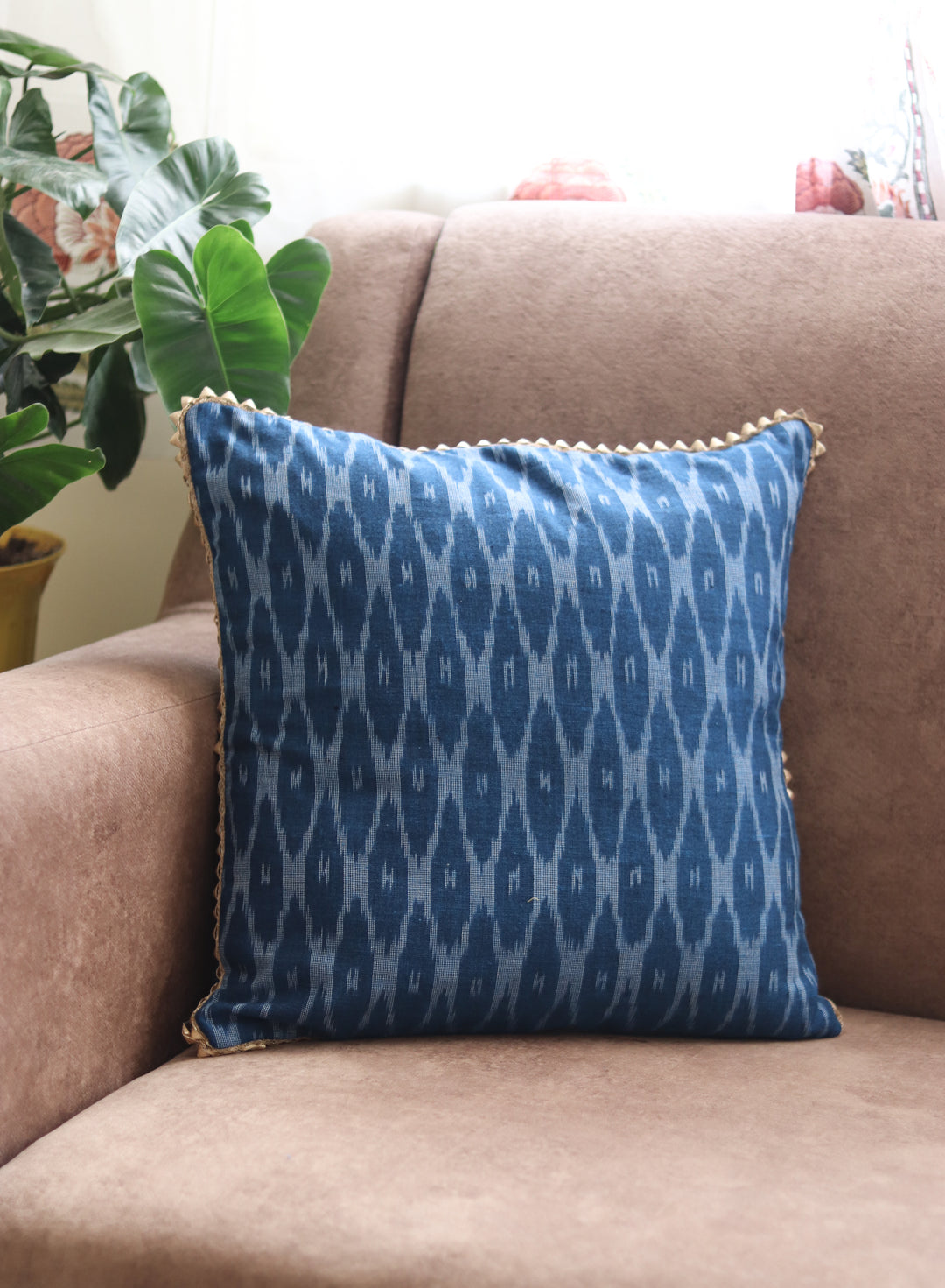 Housewarming gift set with 2 Ikat cushion covers and metal tea light holders in gift bag

