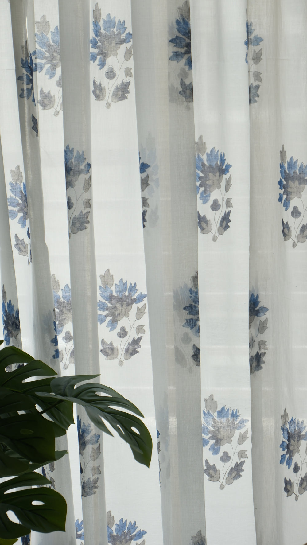 Indigo boota block print sheer curtain in grey and blue mulmul cotton
