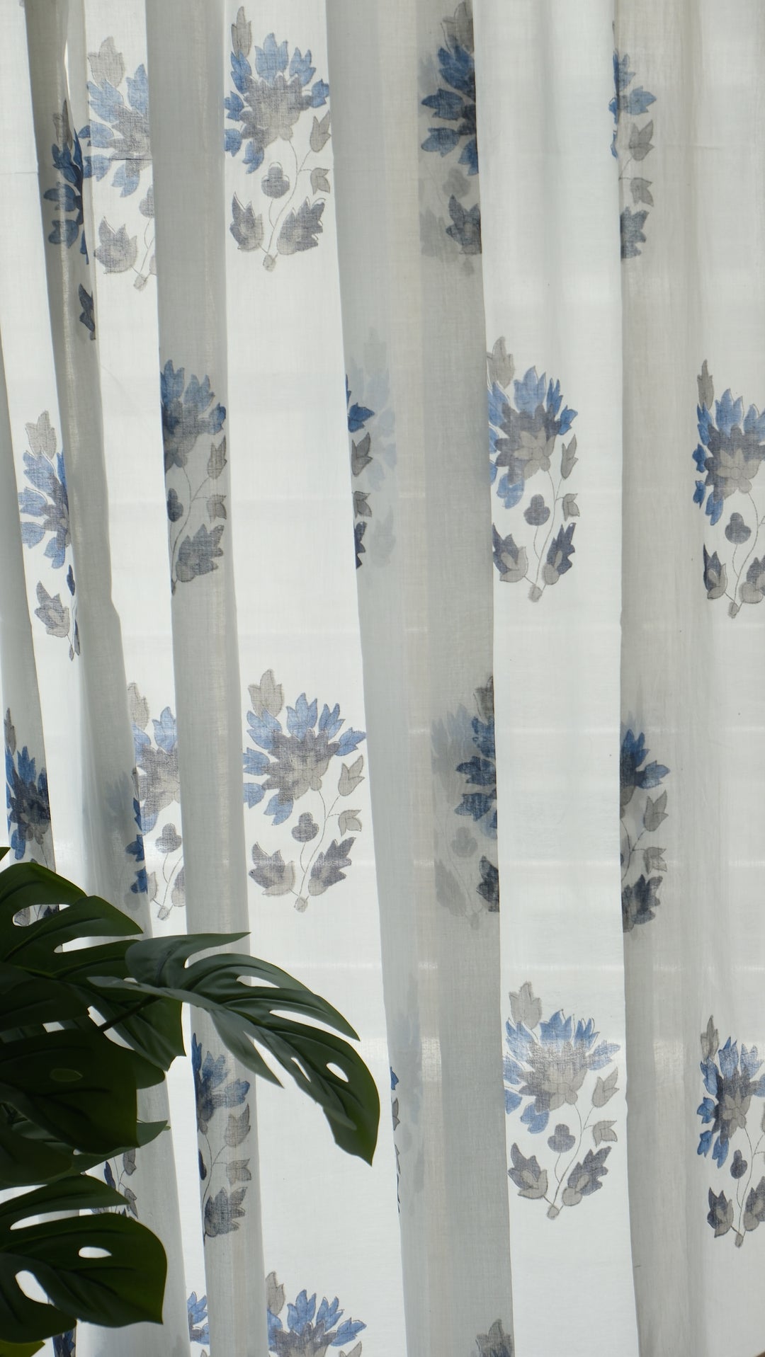Indigo boota block print sheer curtain in grey and blue mulmul cotton
