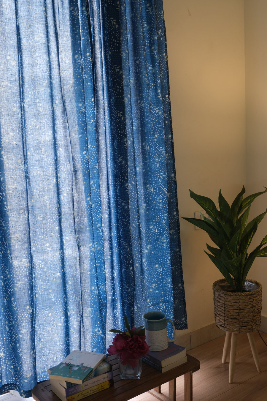 Indigo dots and floral block print sheer curtain in dark blue mulmul cotton
