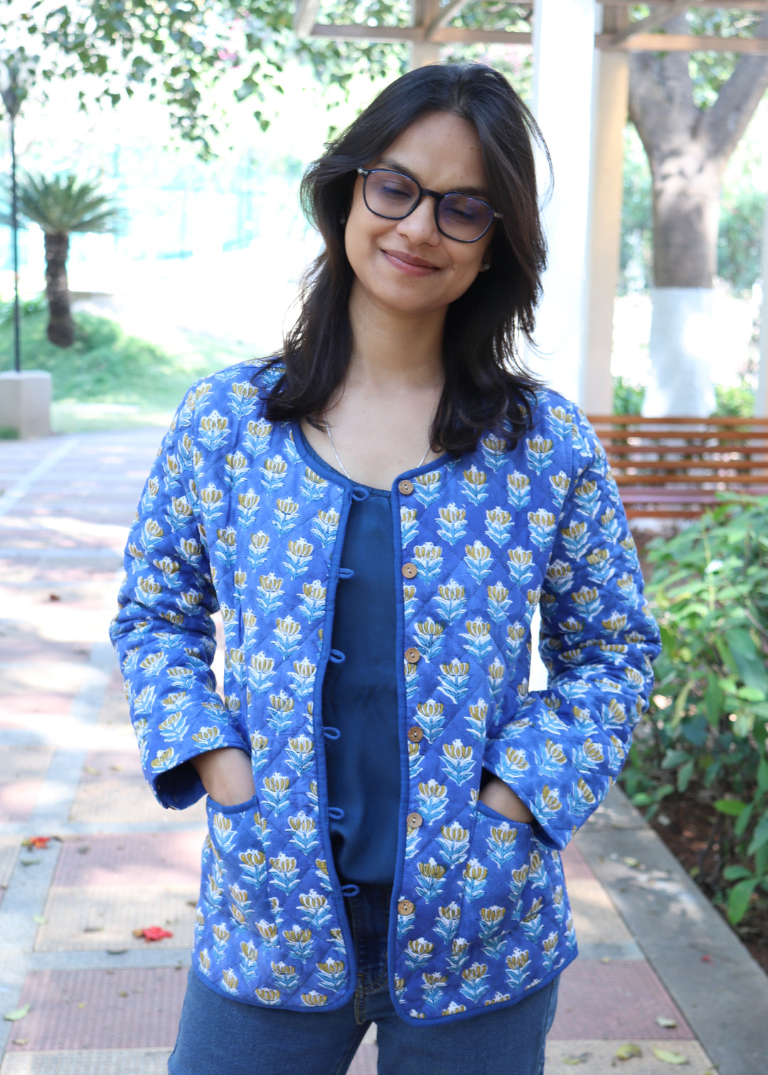 Blue ditsy block print quilted cotton jacket for women handmade India
