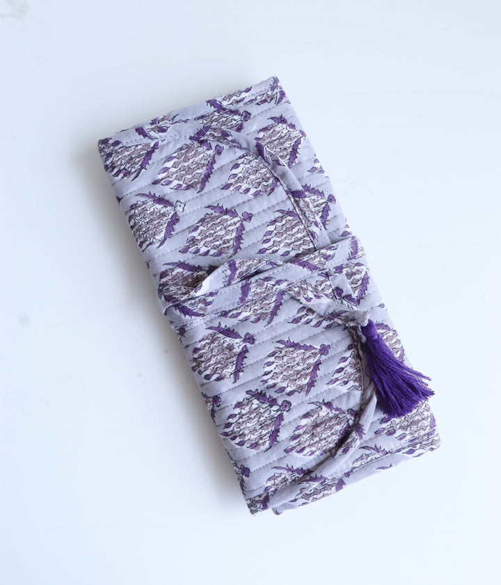 Personalized block print travel jewelry roll-up pouch with embroidered name
