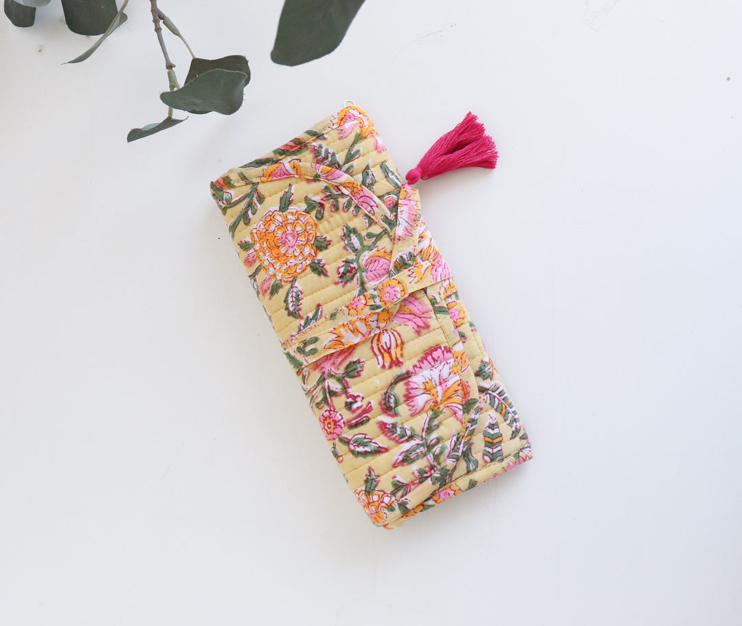 Personalized block print travel jewelry roll-up pouch with embroidered name
