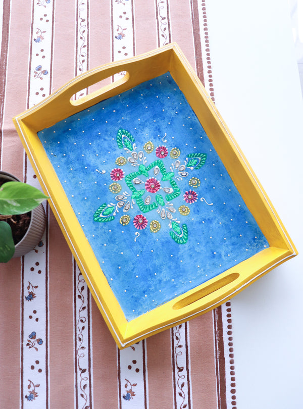 Hand painted Jodhpur wooden tray with blue and yellow floral design 14x10 inches
