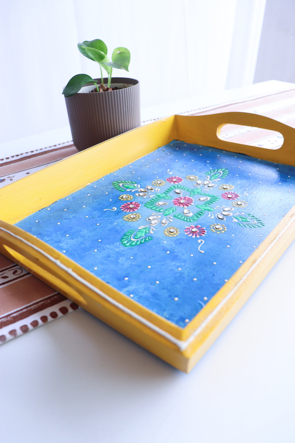 Hand painted Jodhpur wooden tray with blue and yellow floral design 14x10 inches
