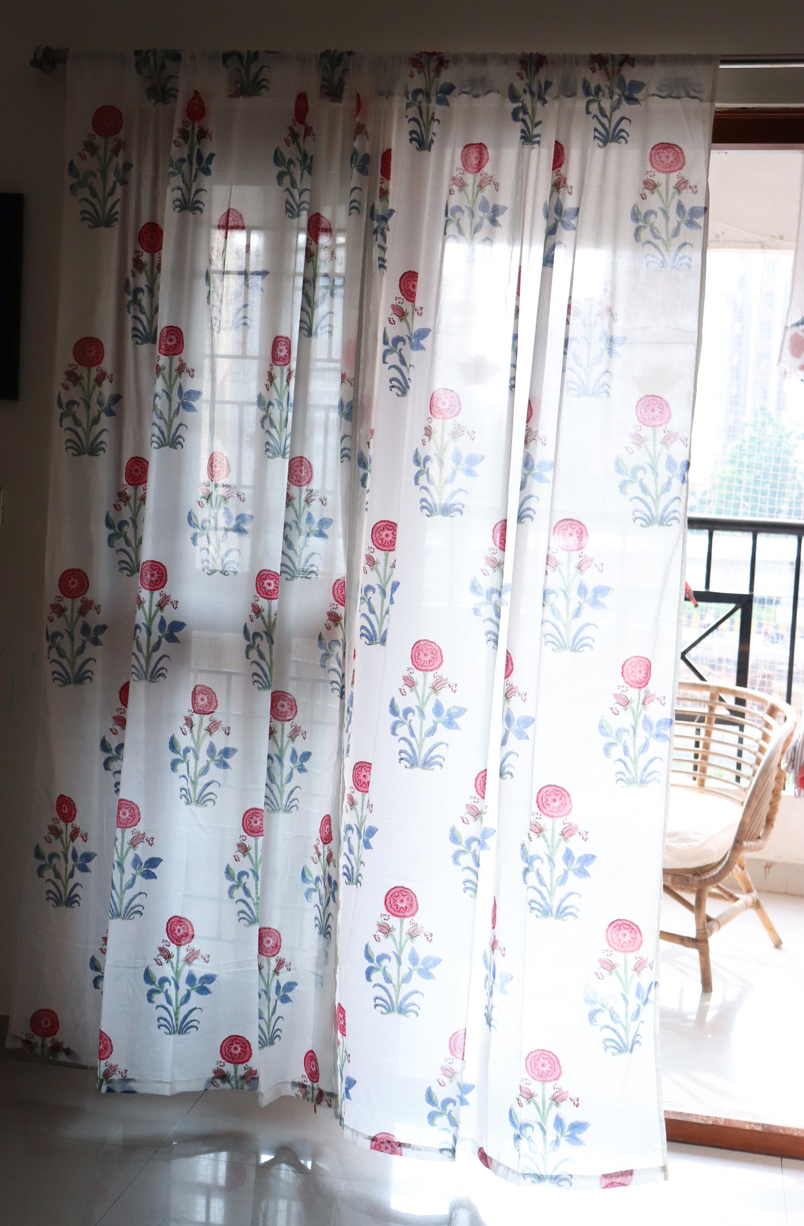 Red boota block print sheer curtain in mulmul cotton
