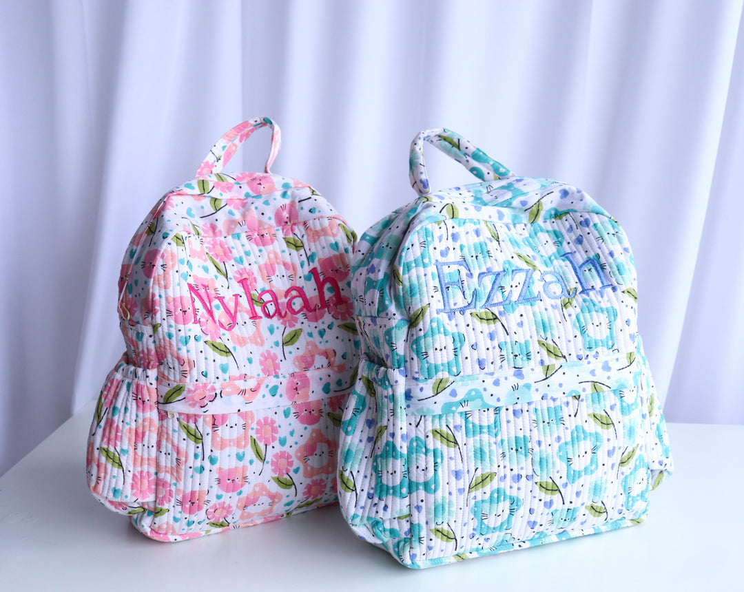 Personalised pink and green cat print quilted kids backpack with name
