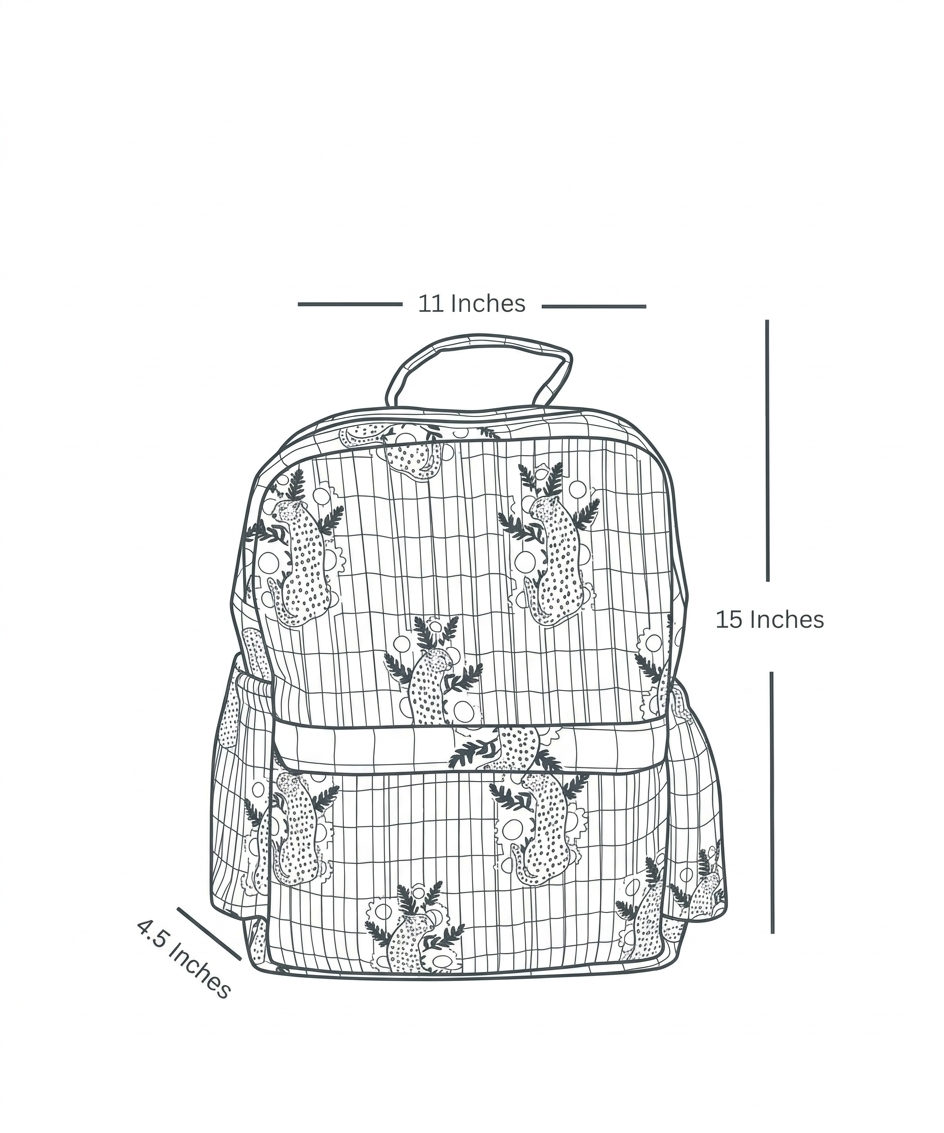 Personalised kids quilted backpack in pink and green cheetah block print with custom name embroidery