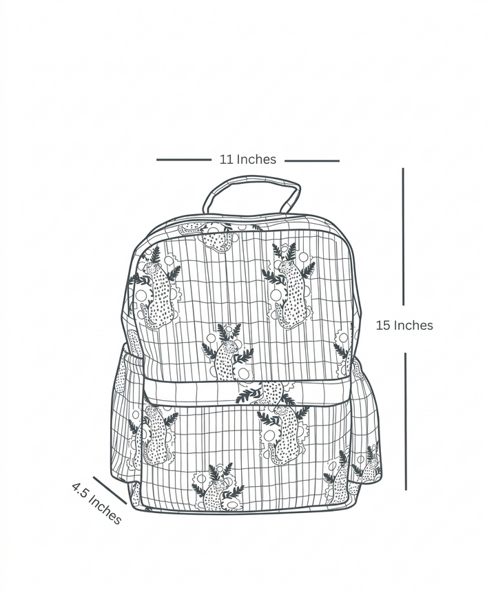 Personalised kids quilted backpack in pink and green cheetah block print with custom name embroidery