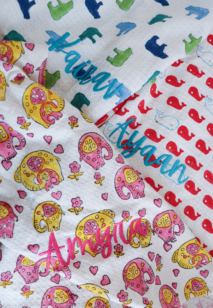 Personalized block print kids bath towels with custom name embroidery, available in 3 designs, by Kari by Kriti
