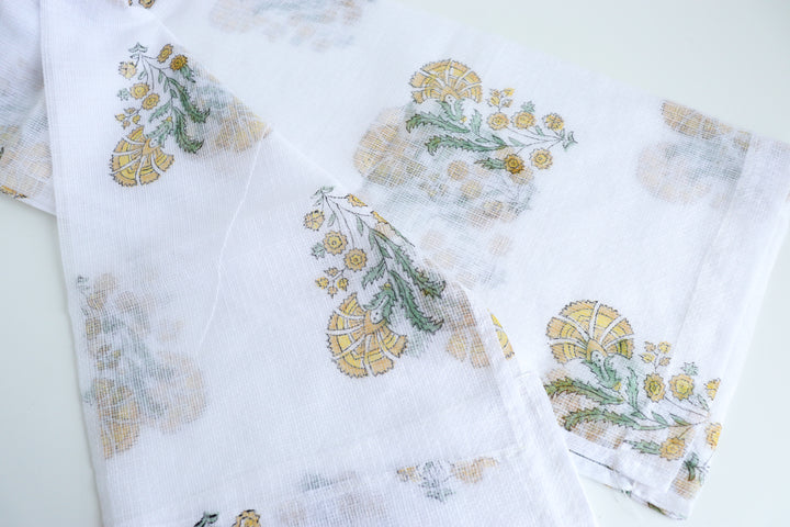 Yellow lily boota block print sheer curtain in Kota cotton
