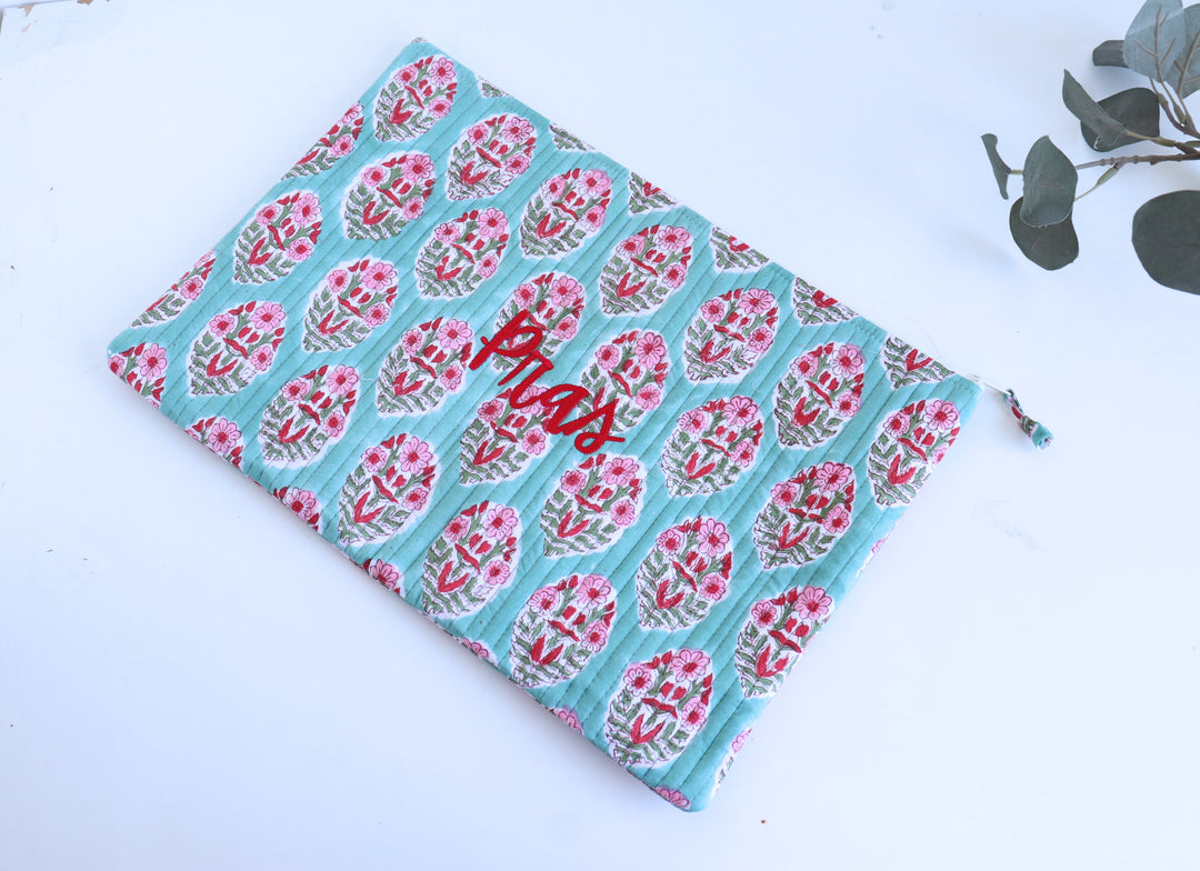 Personalized block print quilted laptop sleeve with embroidered name
