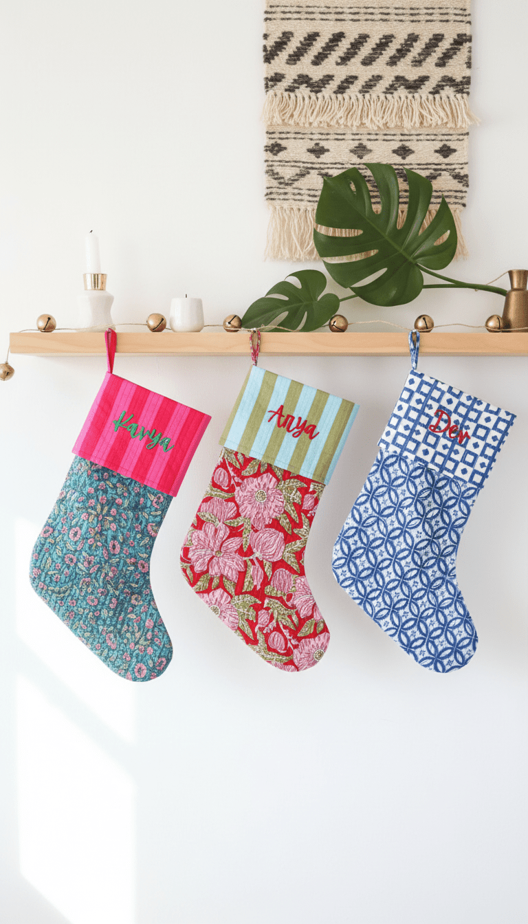 Personalized block print quilted Christmas stocking with embroidered name
