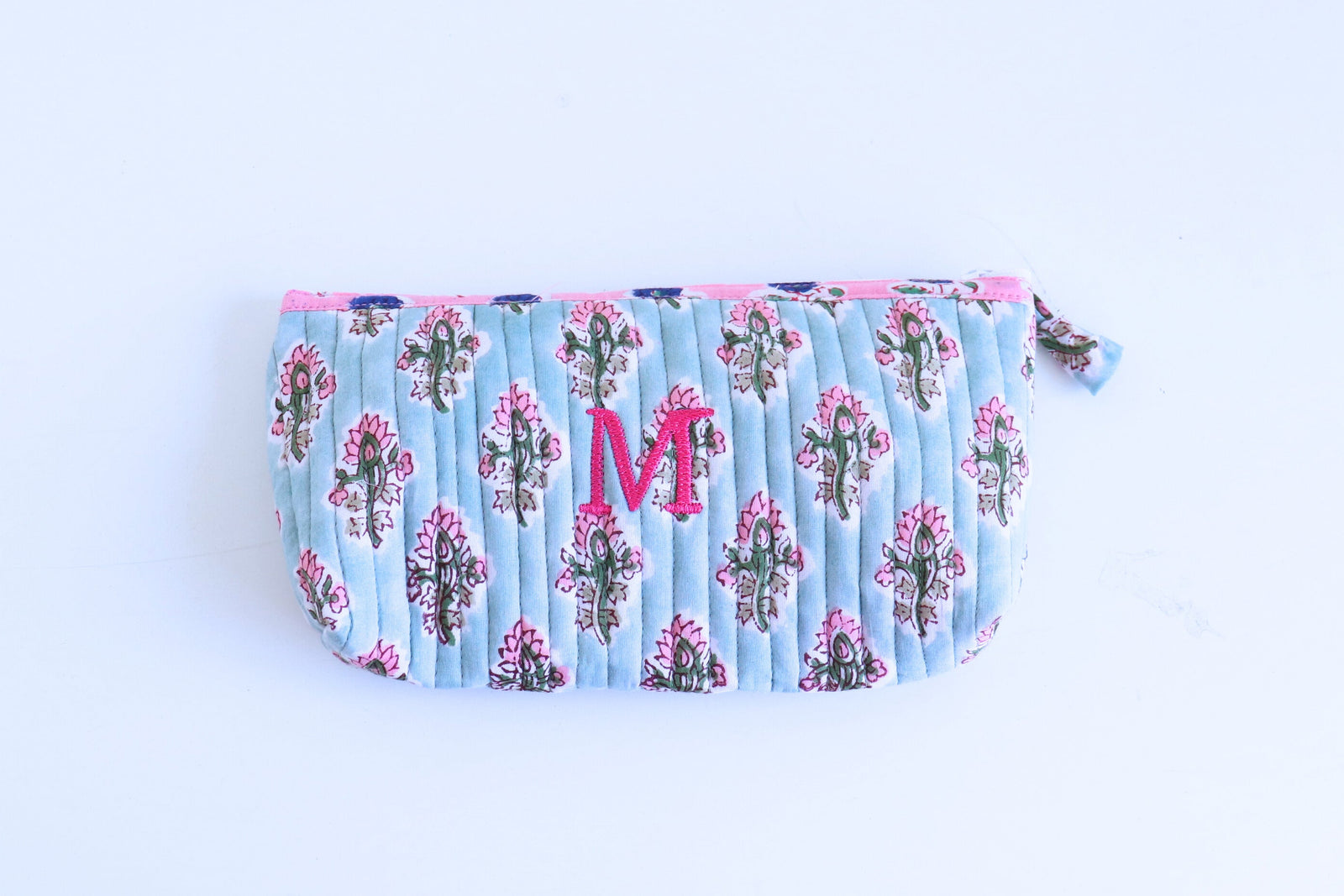 Personalized block print quilted pencil pouch with embroidered name
