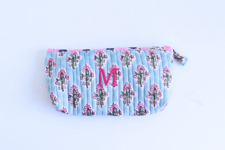 Personalized block print quilted pencil pouch with embroidered name
