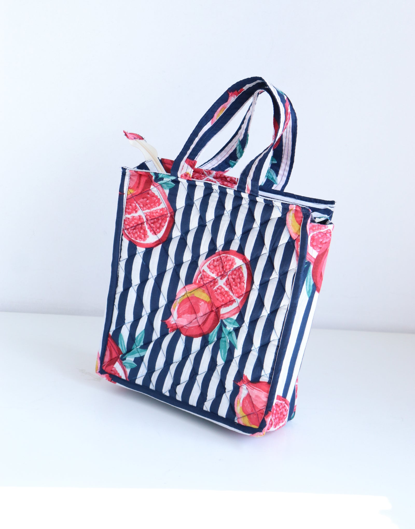 Blue pomegranate block print quilted mini tote lunch bag, handmade cotton by Kari by Kriti
