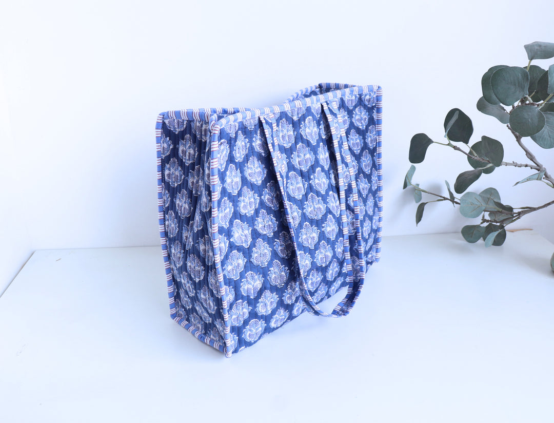Dark blue booti block print quilted medium tote bag for women
