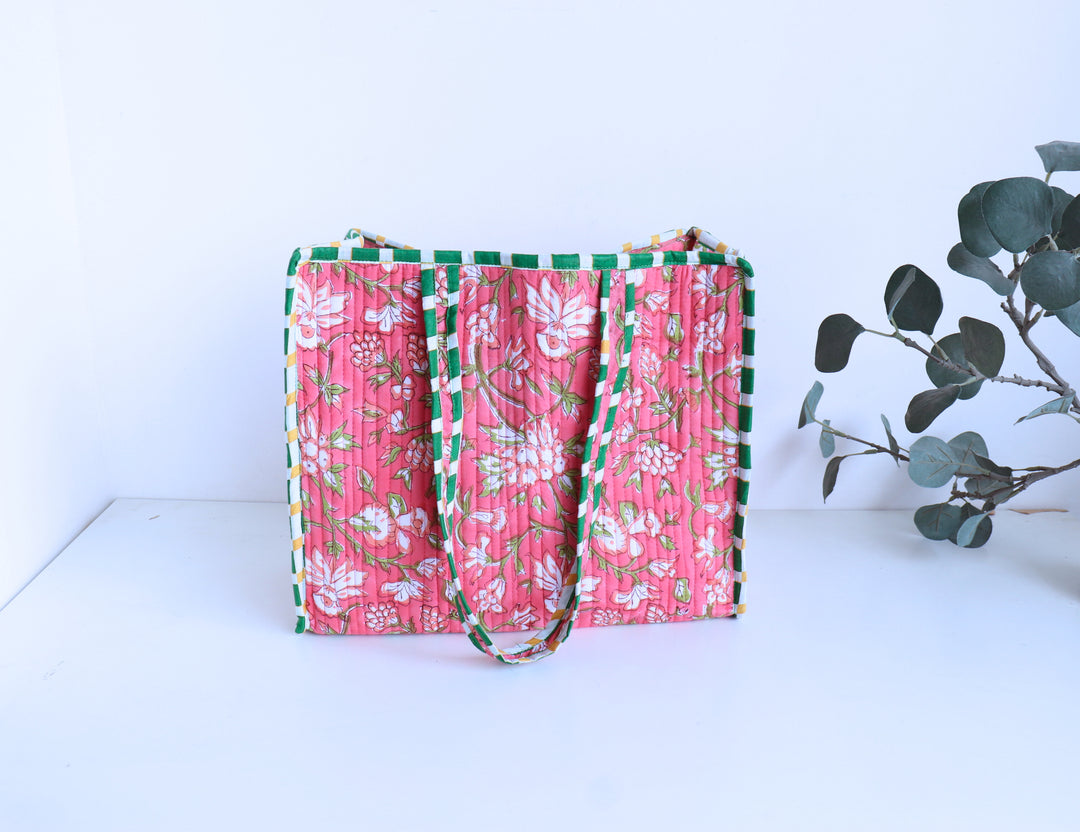 Pink floral block print quilted medium tote bag for women handmade

