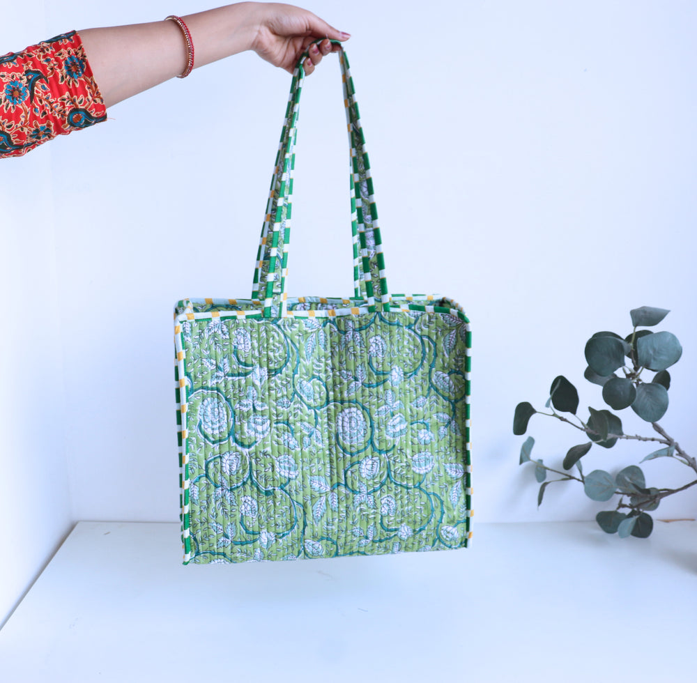 Green floral block print quilted medium tote bag for women handmade
