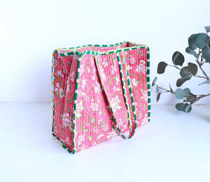 Pink floral block print quilted medium tote bag for women handmade

