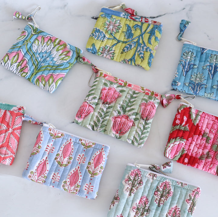 Block print quilted mini keychain wallets in bulk set
