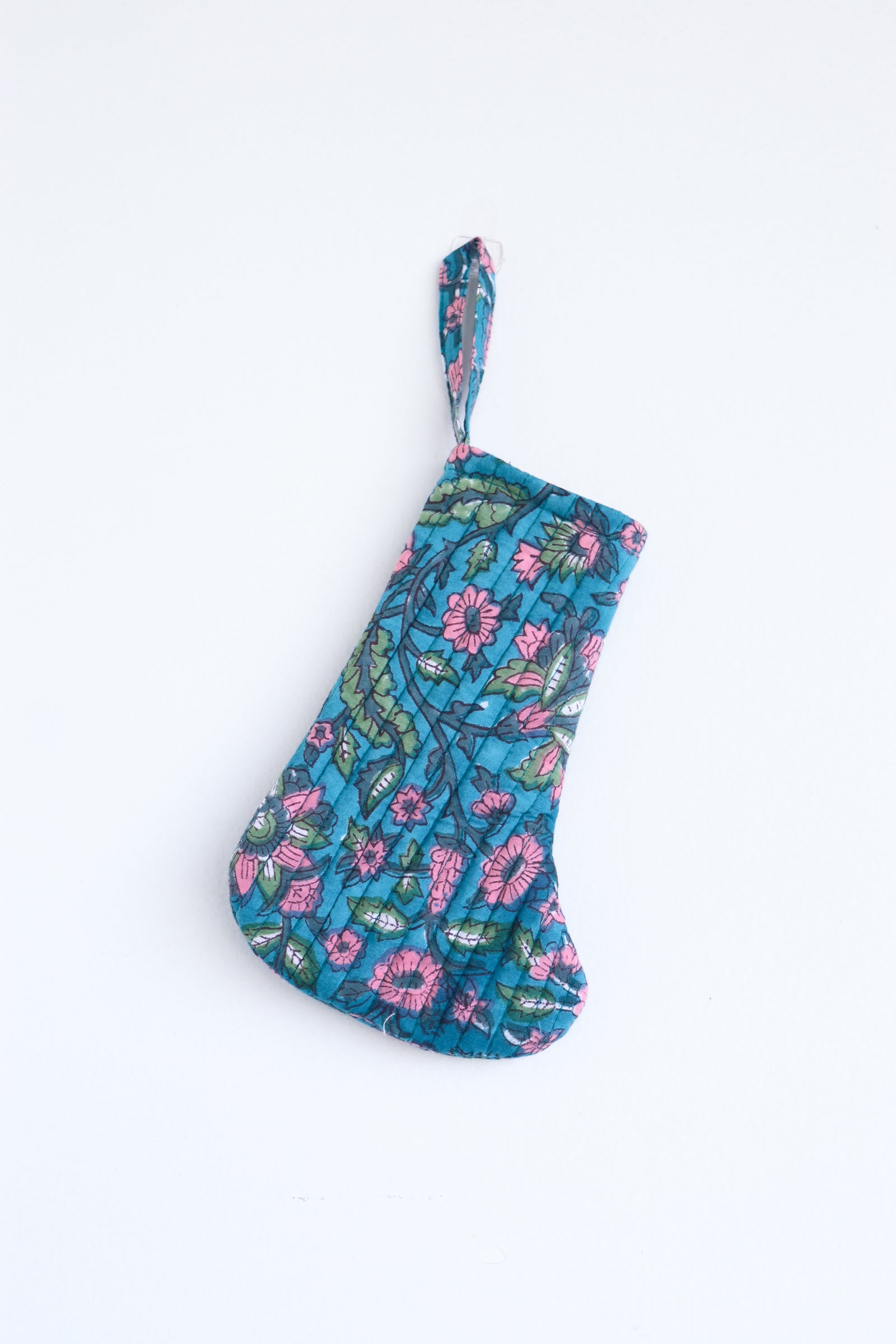 Mini quilted block print Christmas stocking ornament Tinsel design
