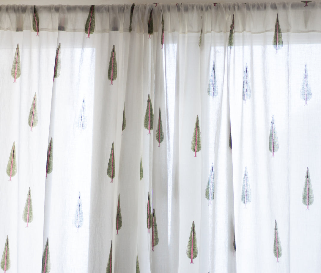 Cypress tree with pink floral block print sheer curtain in mulmul cotton
