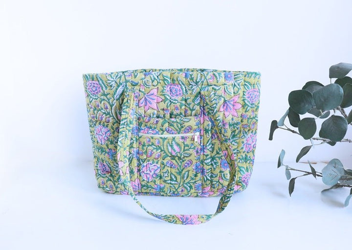 Block print Multi pocket tote bag - Green floral