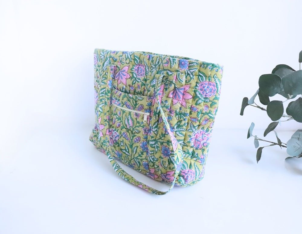 Block print Multi pocket tote bag - Green floral