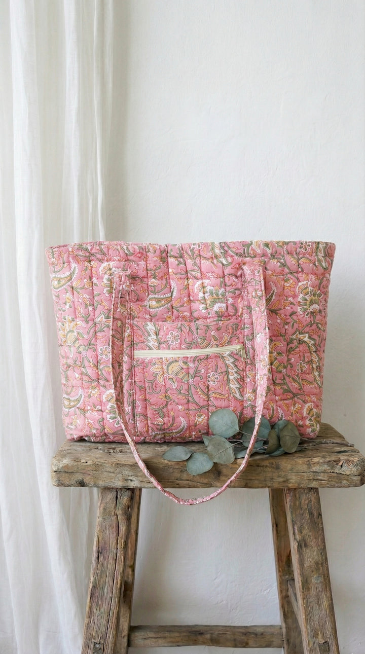 Multi pocket tote bag - Block print women's bags - Everyday Tote bag - Pink