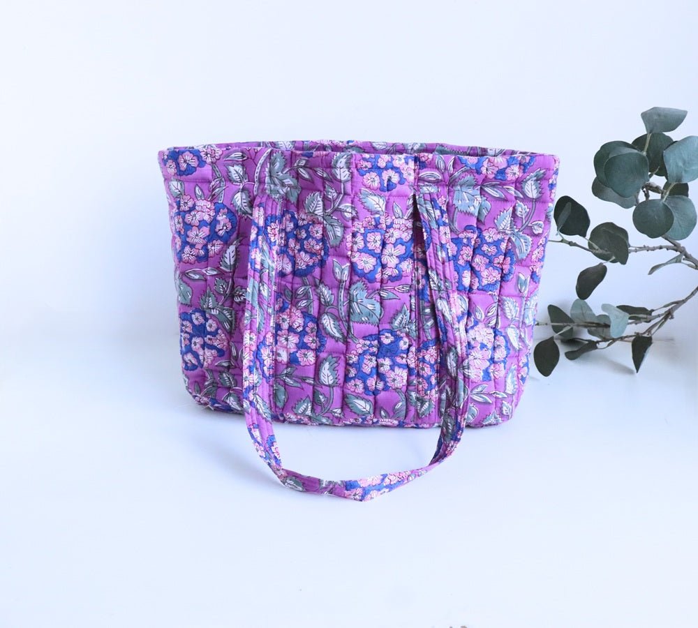 Block print Multi pocket tote bag - Purple floral