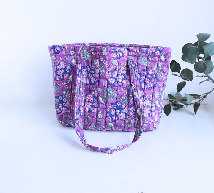 Block print Multi pocket tote bag - Purple floral