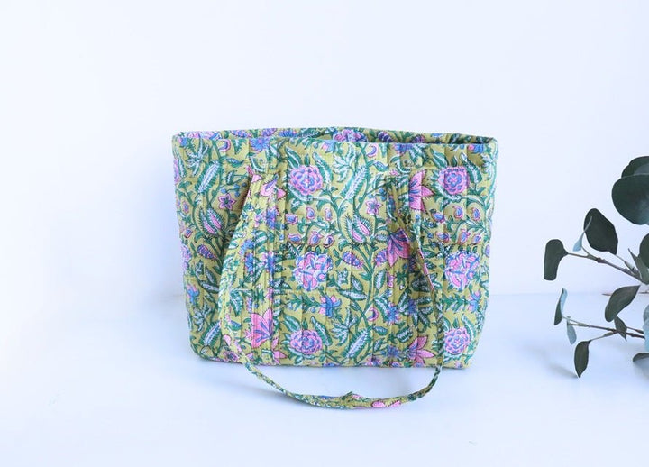 Block print Multi pocket tote bag - Green floral