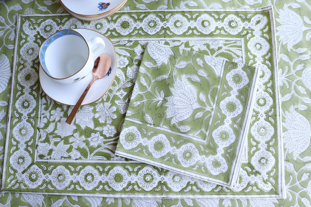 Citrus Grove green floral block print cotton dinner napkins set of 6
