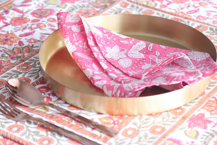 Orange blossom block print cotton dinner napkins set of 6
