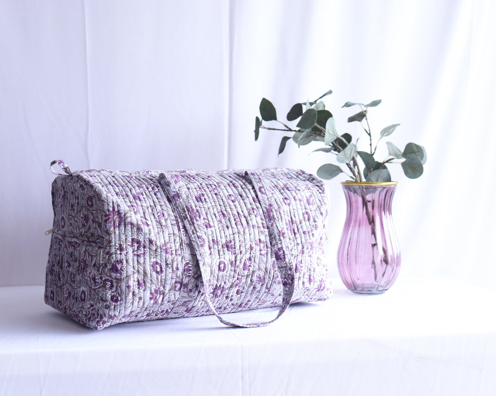 Grey block print quilted weekender overnight duffle bag handmade cotton

